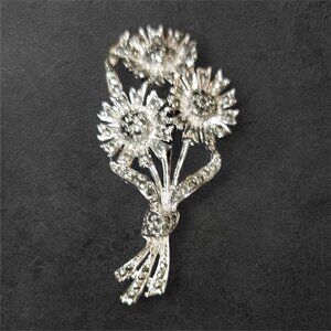Vintage Silver-Tone Flower Bouquet Brooch With Rhinestones